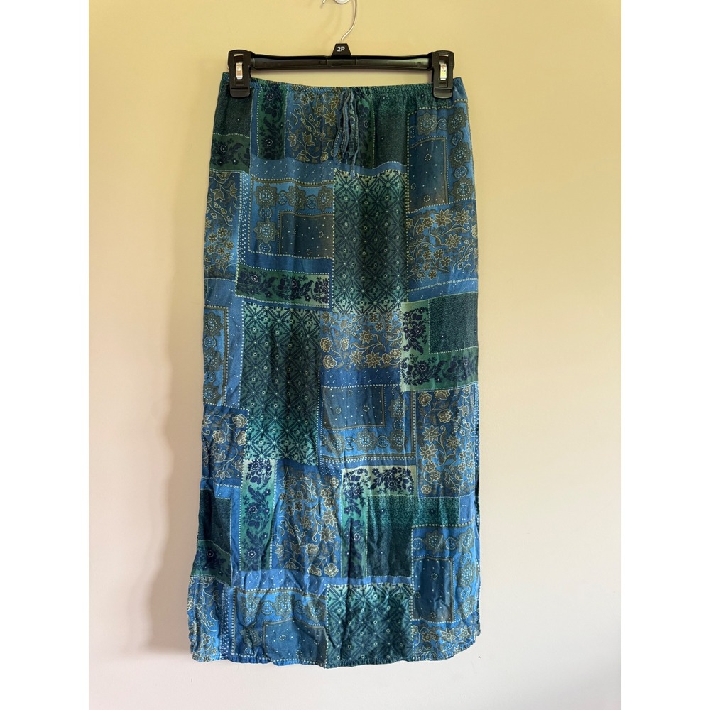 Kathie Lee Collection Blue Green Patchwork Maxi Skirt Boho Rayon Womens‎ Small